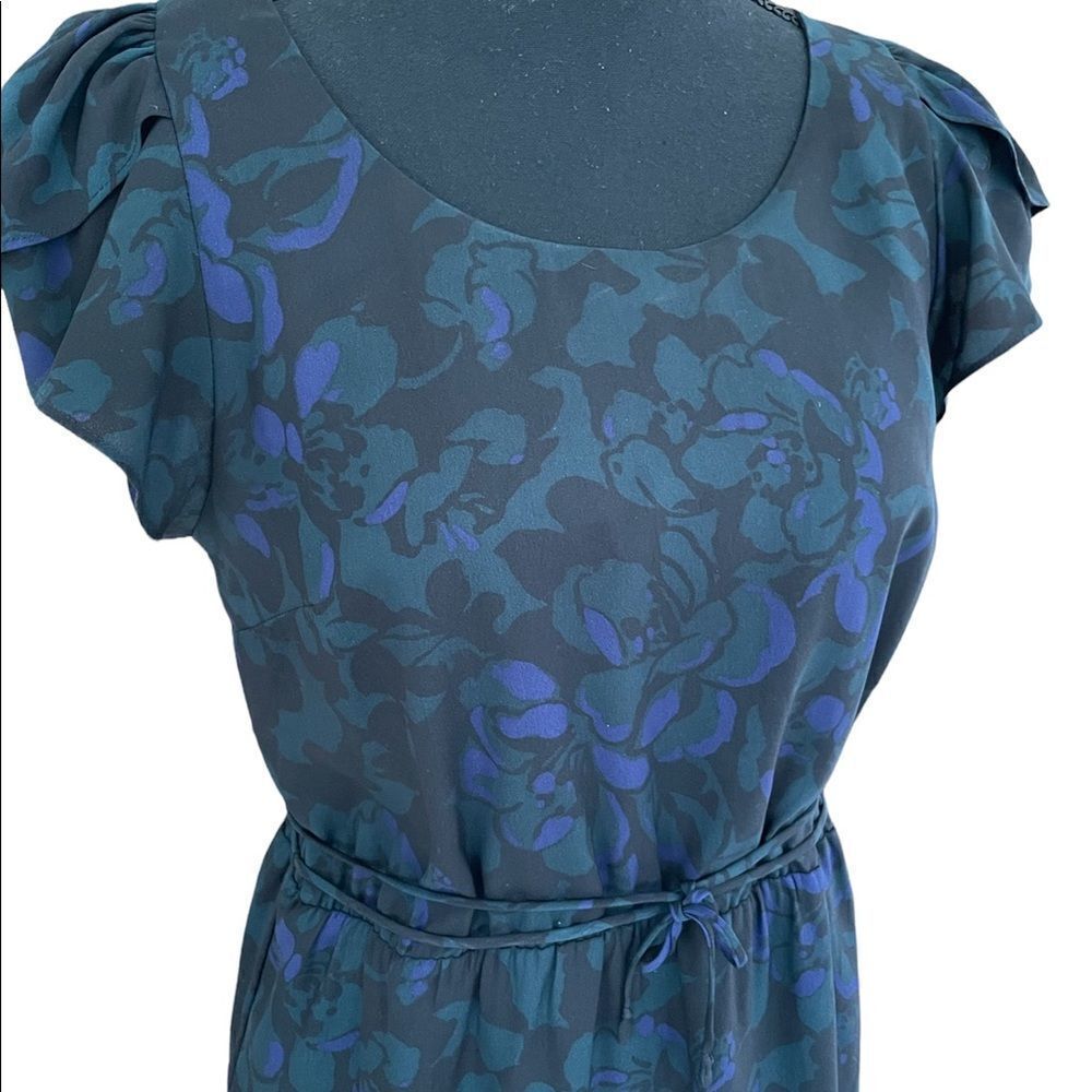 LOFT lined flutter sleeved floral dress, elastic waist with tie, size 4 - Picture 2 of 7